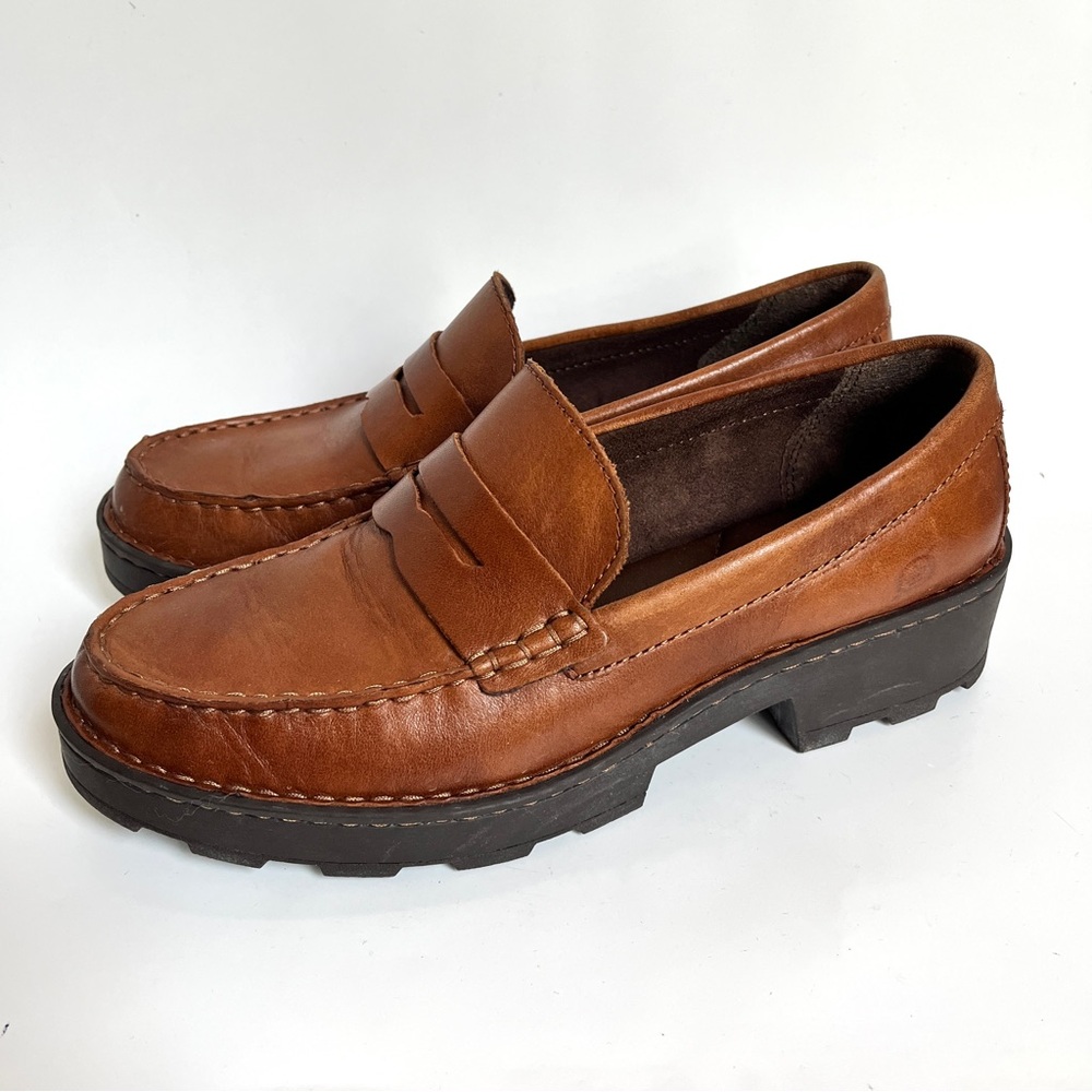 BORN Carrera Brown Leather Lug Sole Platform Penny Loafers